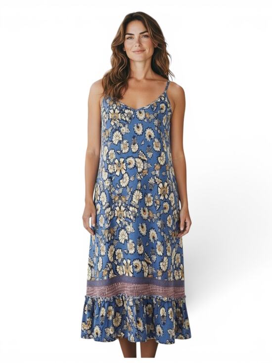 Chelsea & Violet Dresses & Skirts - Chelsea & Violet Floral Boho Ruffle Hem Slip Dress Blue Yellow Summer Size Large